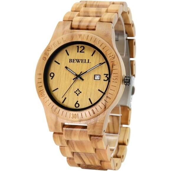 Men's Wooden Watch Gifts Handmade Date Display Quartz Movement Lightweight - Picture 1 of 7